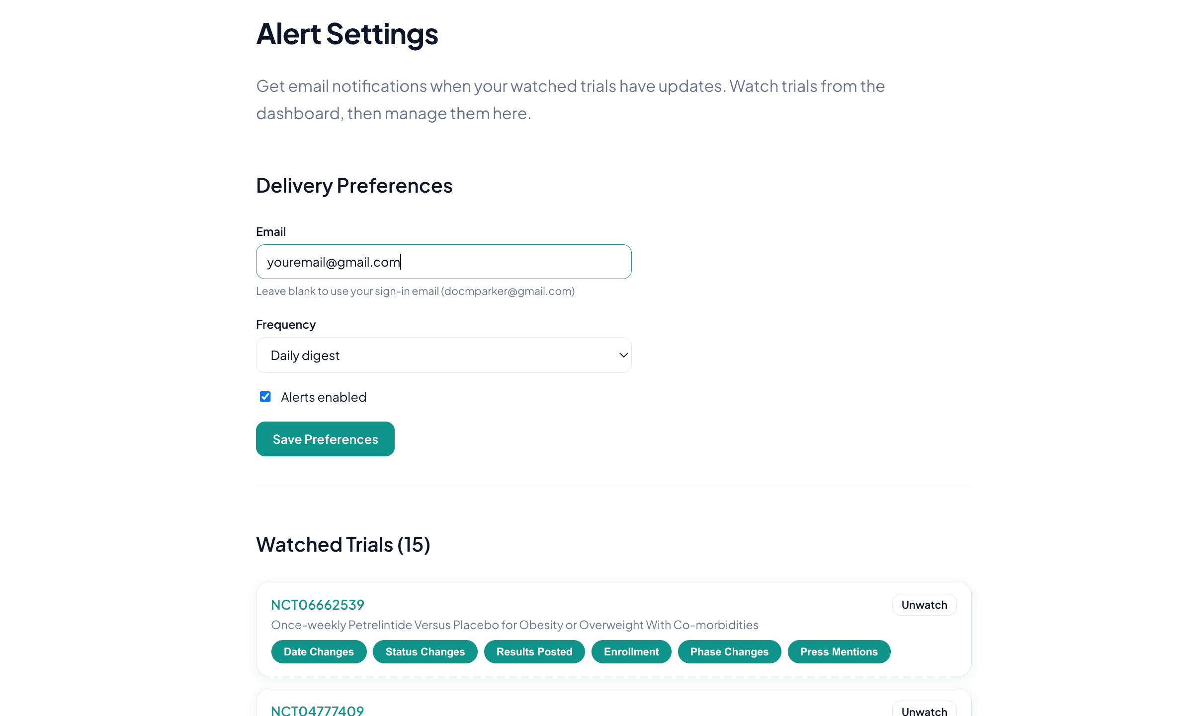 Alert settings page with email preferences and per-trial notification controls