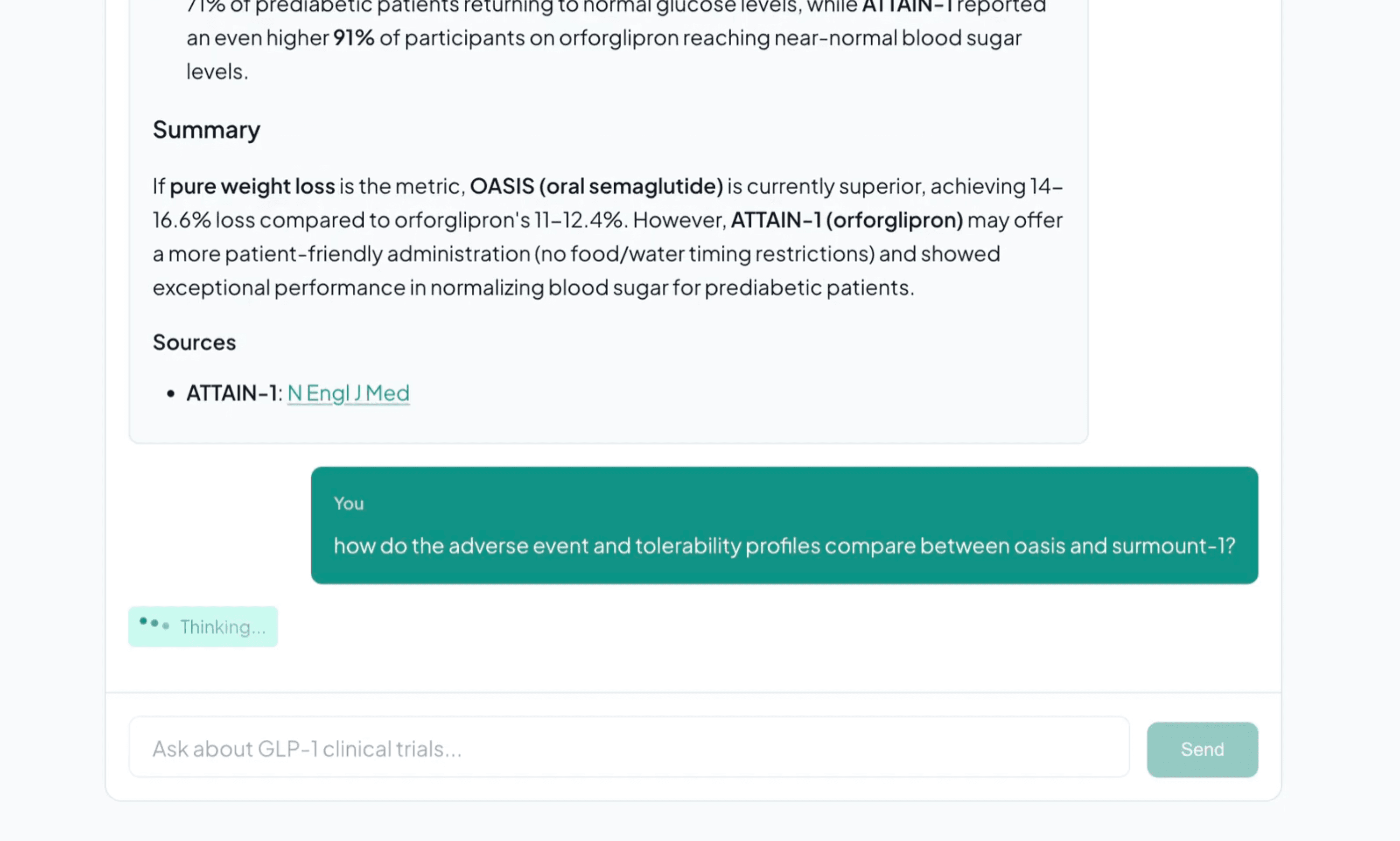 Ask agent showing a natural-language question about comparing GLP-1 trial results
