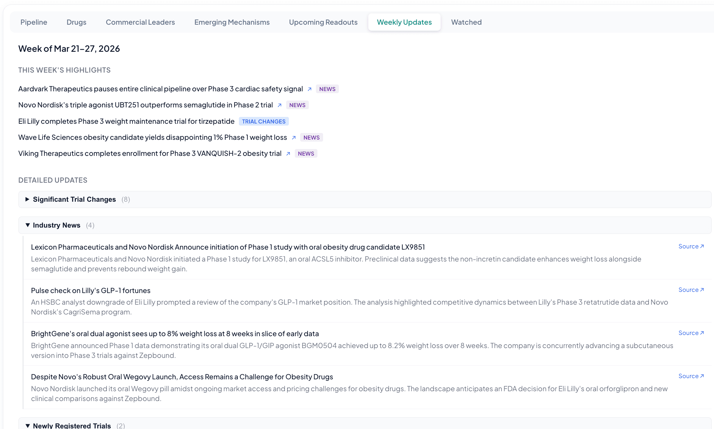 Weekly updates tab showing curated highlights, trial changes, and industry news