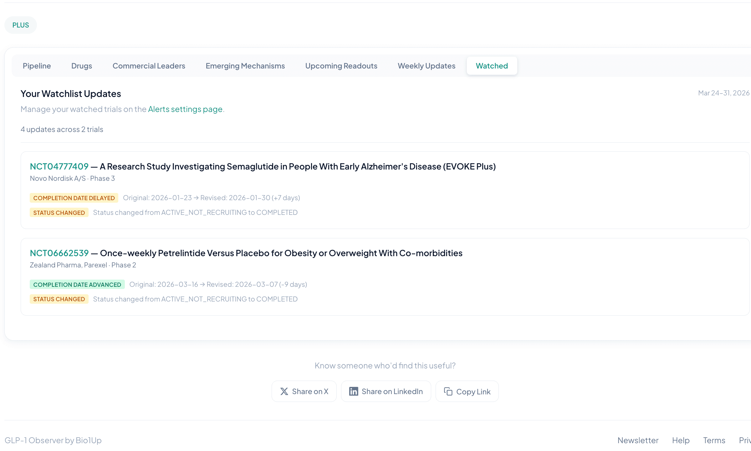 Watched tab showing personalized trial updates with date changes and status moves